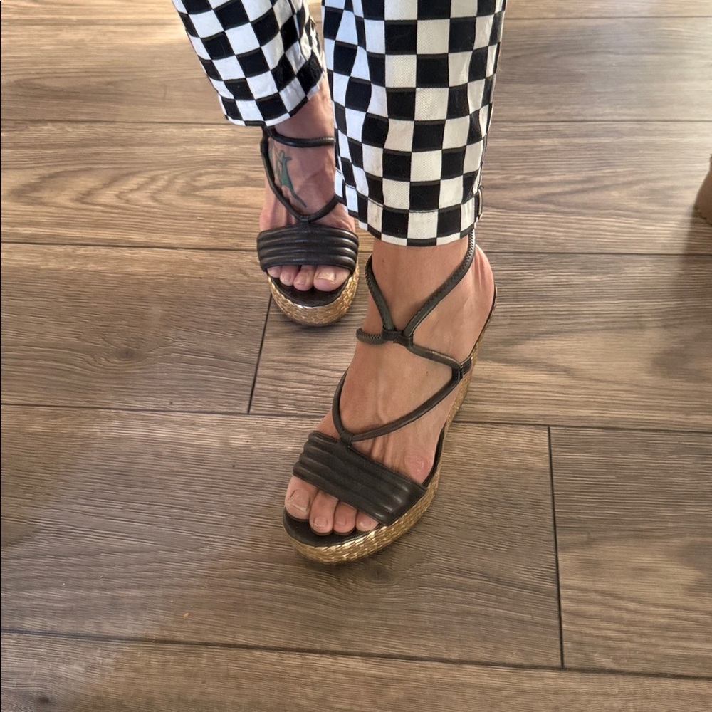 Coach Black Leather Wedge Sandals with Braided Espadrille - Picture 4 of 16